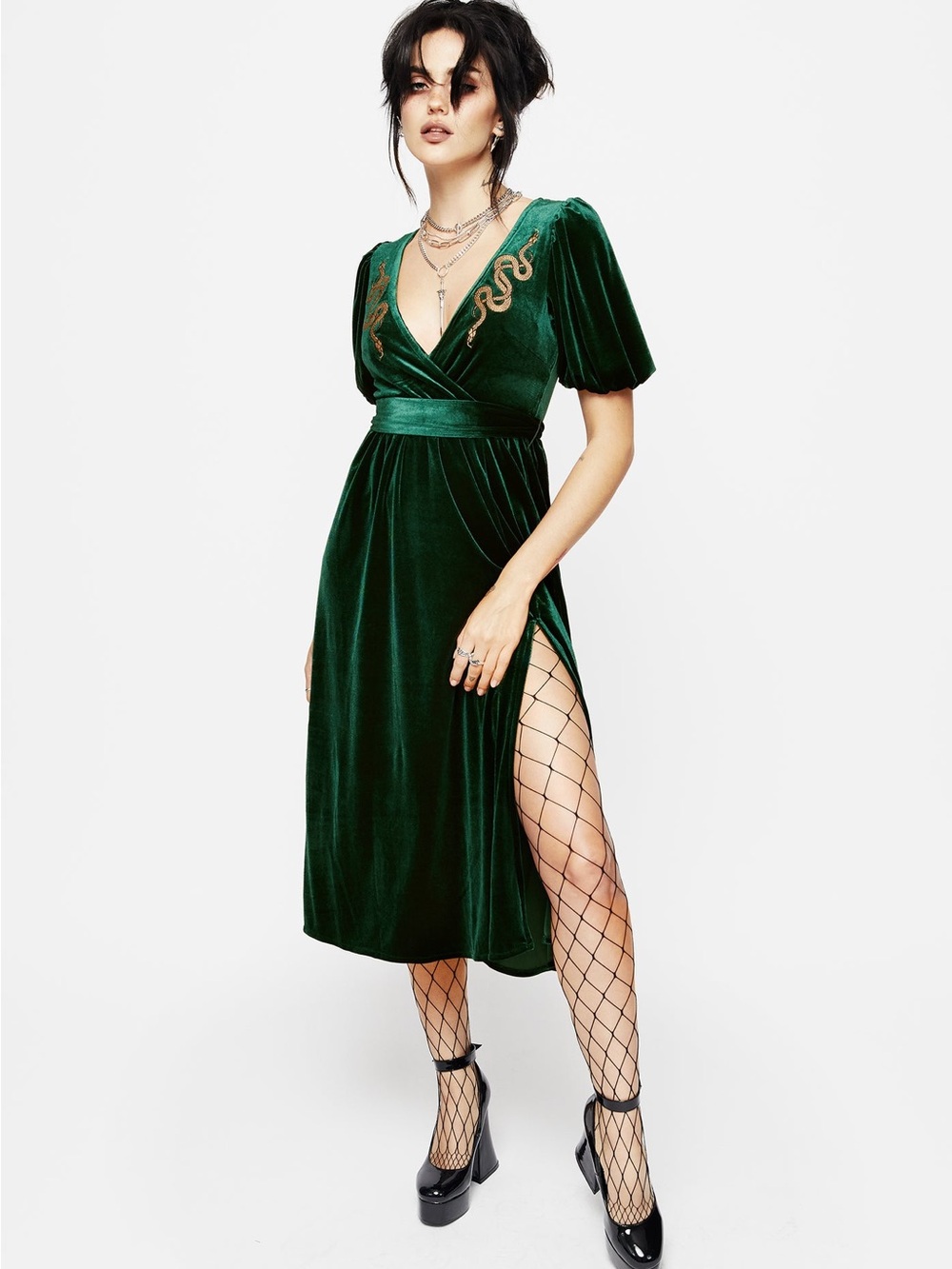 Disturbia Zarina Green Velvet Snake Embroidered Midi Wrap Dress US 4 Goth Witchy